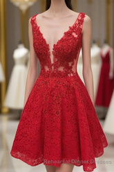 Cute Red Lace Appliques Short V Neck Sleeveless Mini Dc14 Semi Formal Prom Dresses